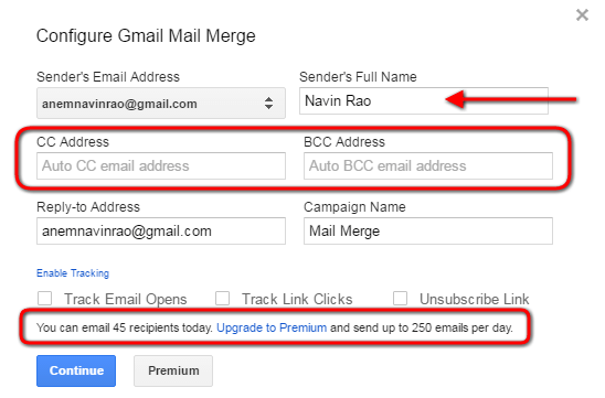 Mail Merge Configure Email