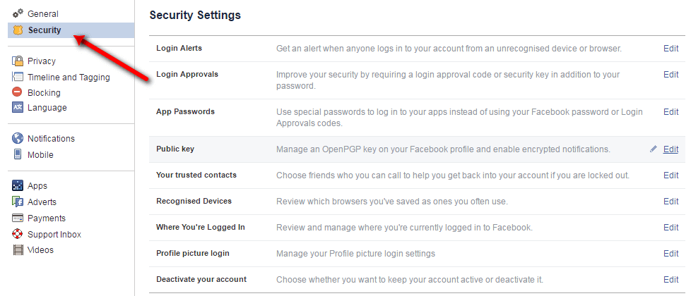 facebook security settings